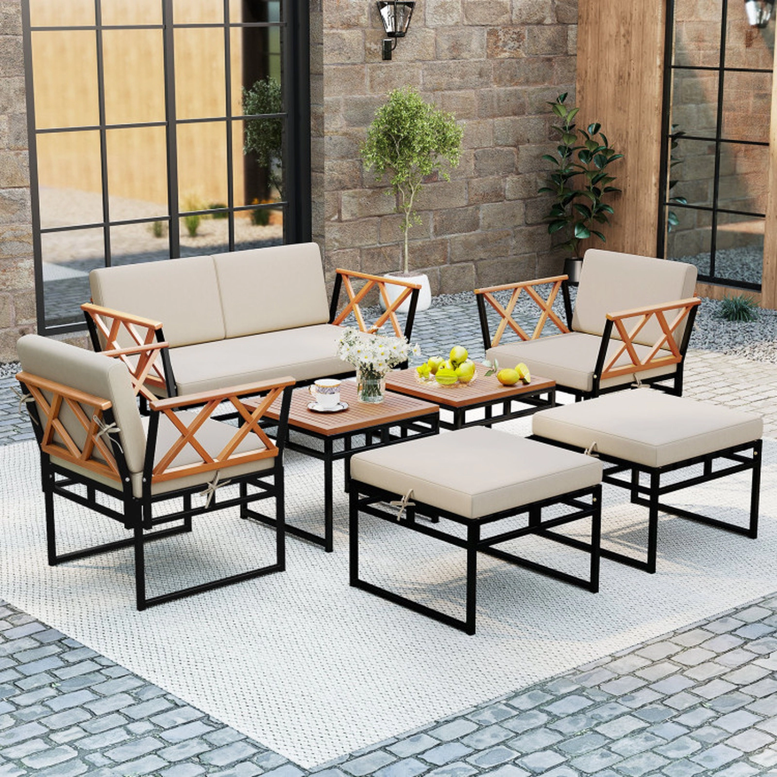 SUGIFT 7-Piece Beige Outdoor Patio Conversation Set with Loveseat, Armchairs, Ottomans and Acacia Wood Tables