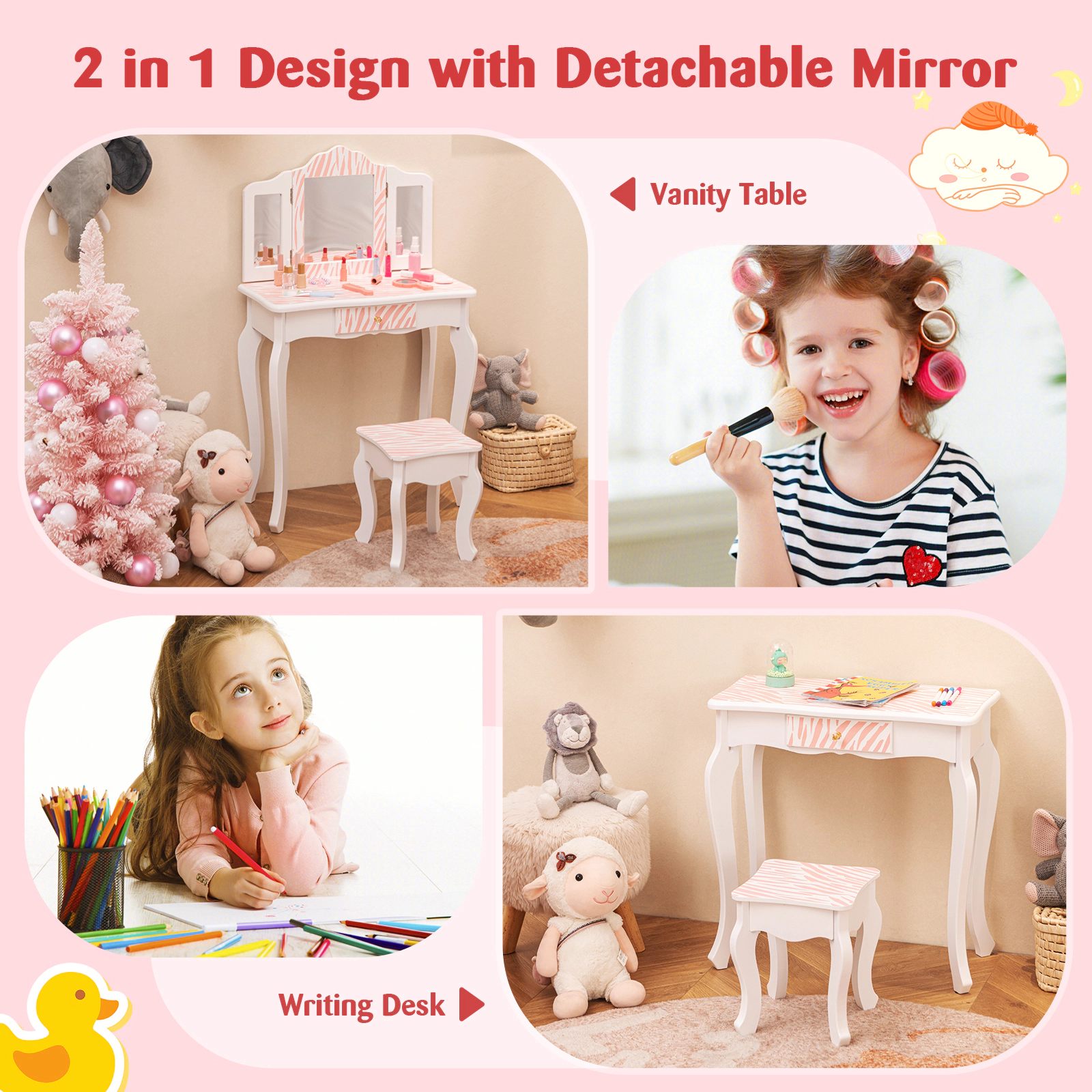 SUGIFT Pink Tri-Folding Mirror Storage Drawer 3 Makeup Accessories and Stool Kids Vanity Set
