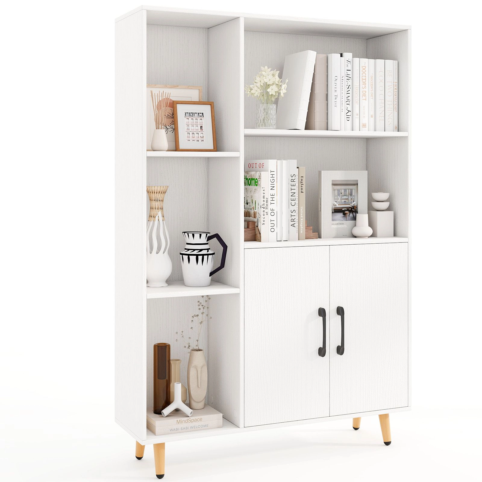 SlickBlue Modern Storage Bookcase with Open Shelves and 2-Door Cabinet