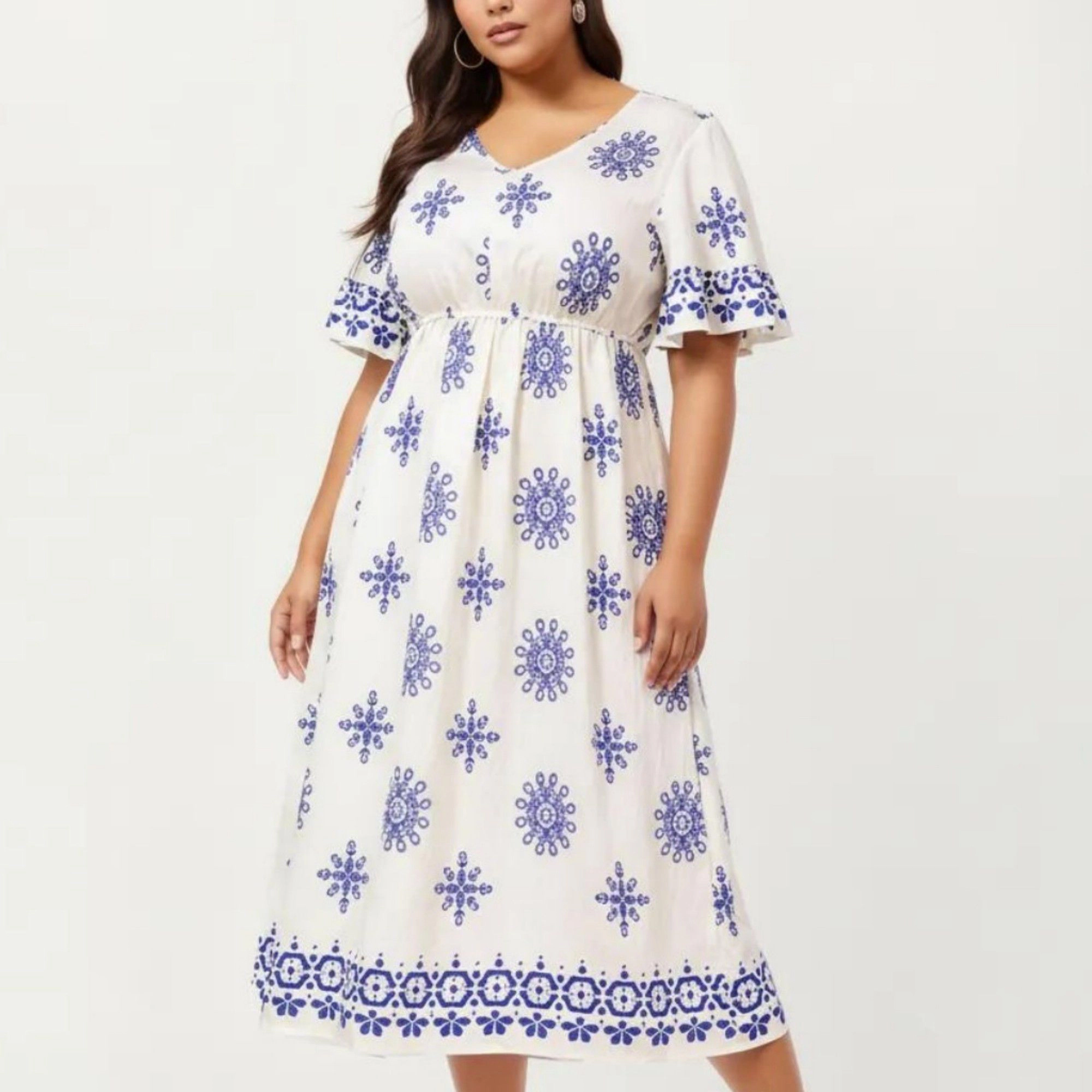 Anna-Kaci Women's Short Sleeve V Neck Elastic Waist All Over Print Border Detail Flowy Fit Casual Midi Dress