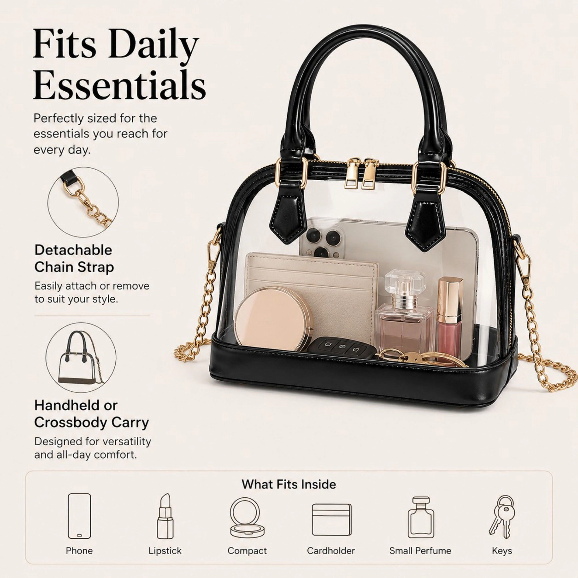 Alilang Women's Clear PVC Mini Satchel Bag with Zipper Top and Detachable Chain Strap
