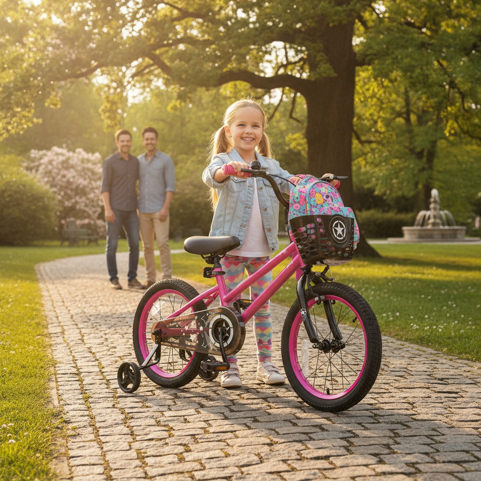 16-in Kids Bike Front Basket Adjustable Seat and Removable Training Wheels Hand Brake and Coaster Brake Ages 4-7 Pink