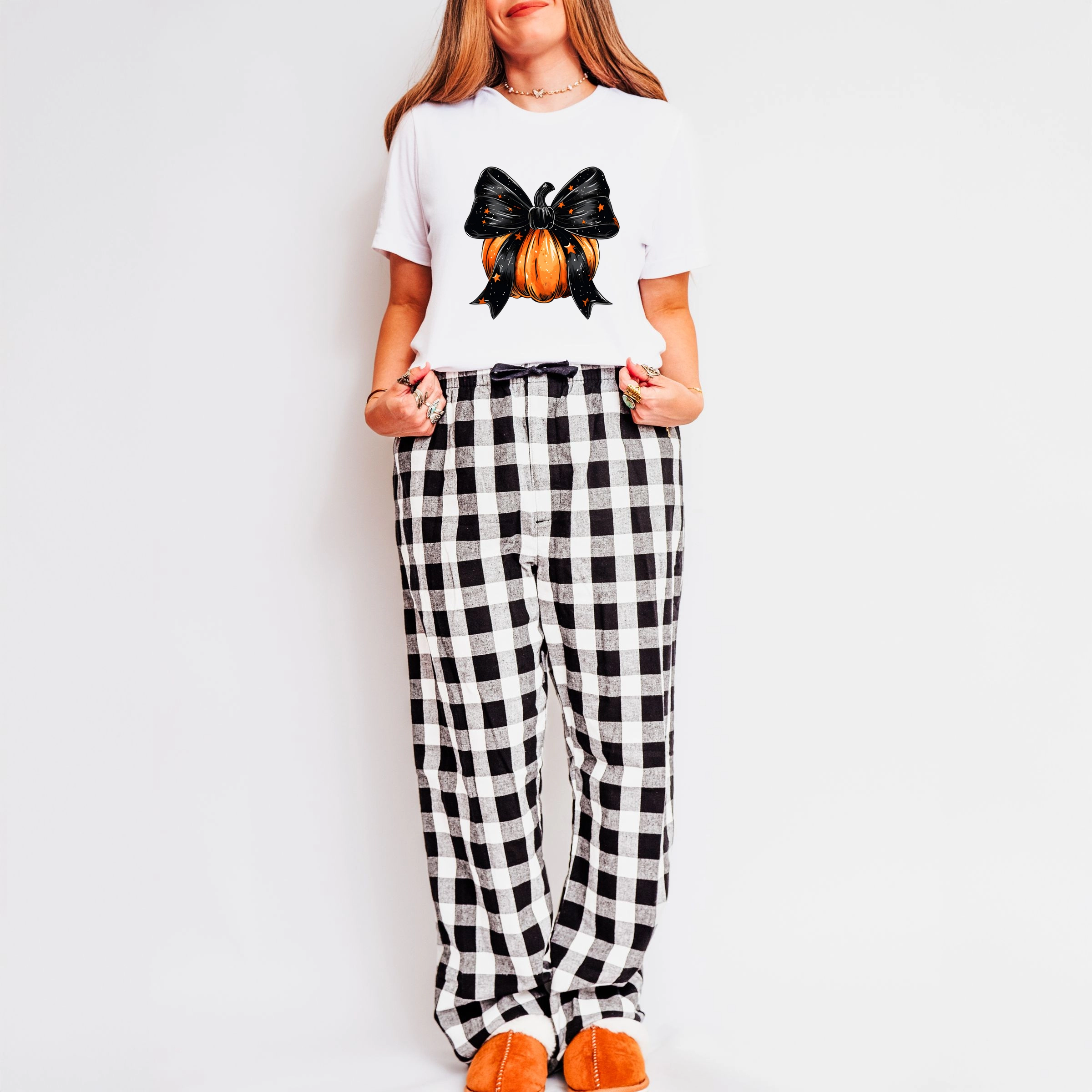 Simply Sage Market - Women's Plaid Pants and Tee Coquette Halloween Pumpkin