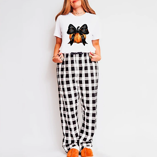 Simply Sage Market - Women's Plaid Pants and Tee - Coquette Halloween Pumpkin