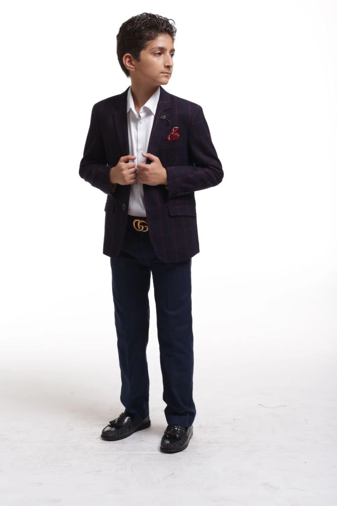 Elie Balleh Boys Slim Fit Wine Wool Checke Blazer