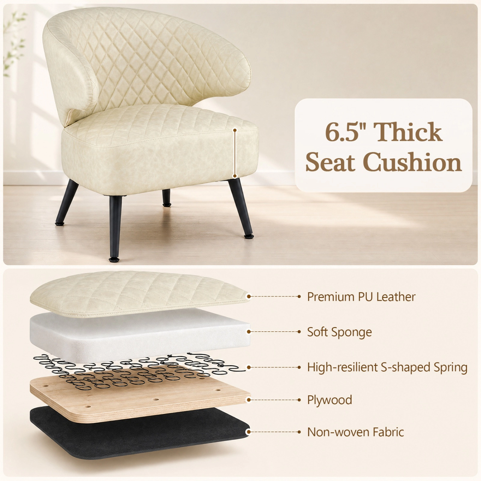 SUGIFT Diamond-Stitched PU Leather Mid Century Accent Armchair Curved Back 330-Lb Capacity 25 x 25.5 x 30 in Beige+Black