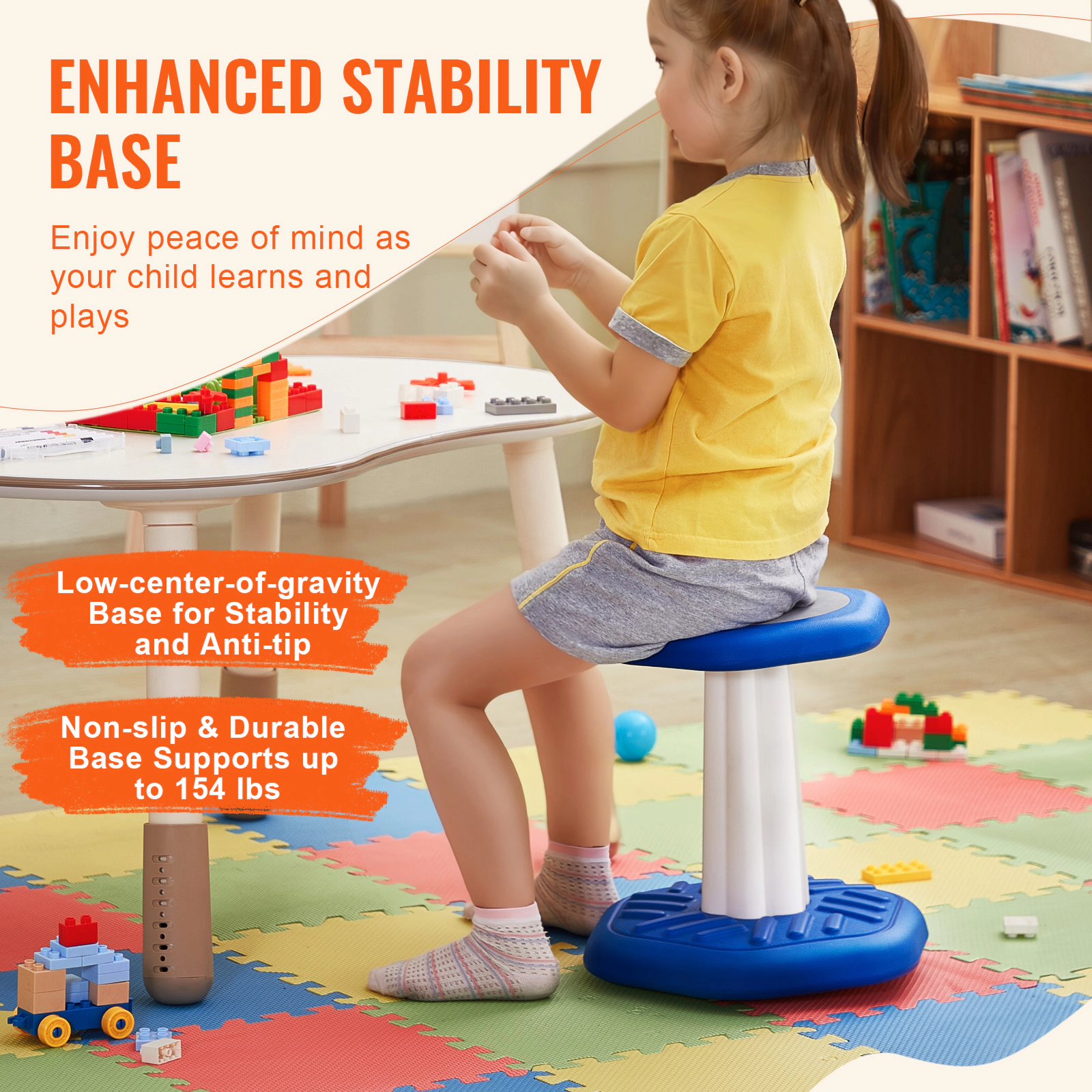 HONGGE Kids Wobble Chair for Ages 3-7, 360-Degree Swivel Stool with Cushioned Seat, Blue HDPE, Holds up to 154 lbs