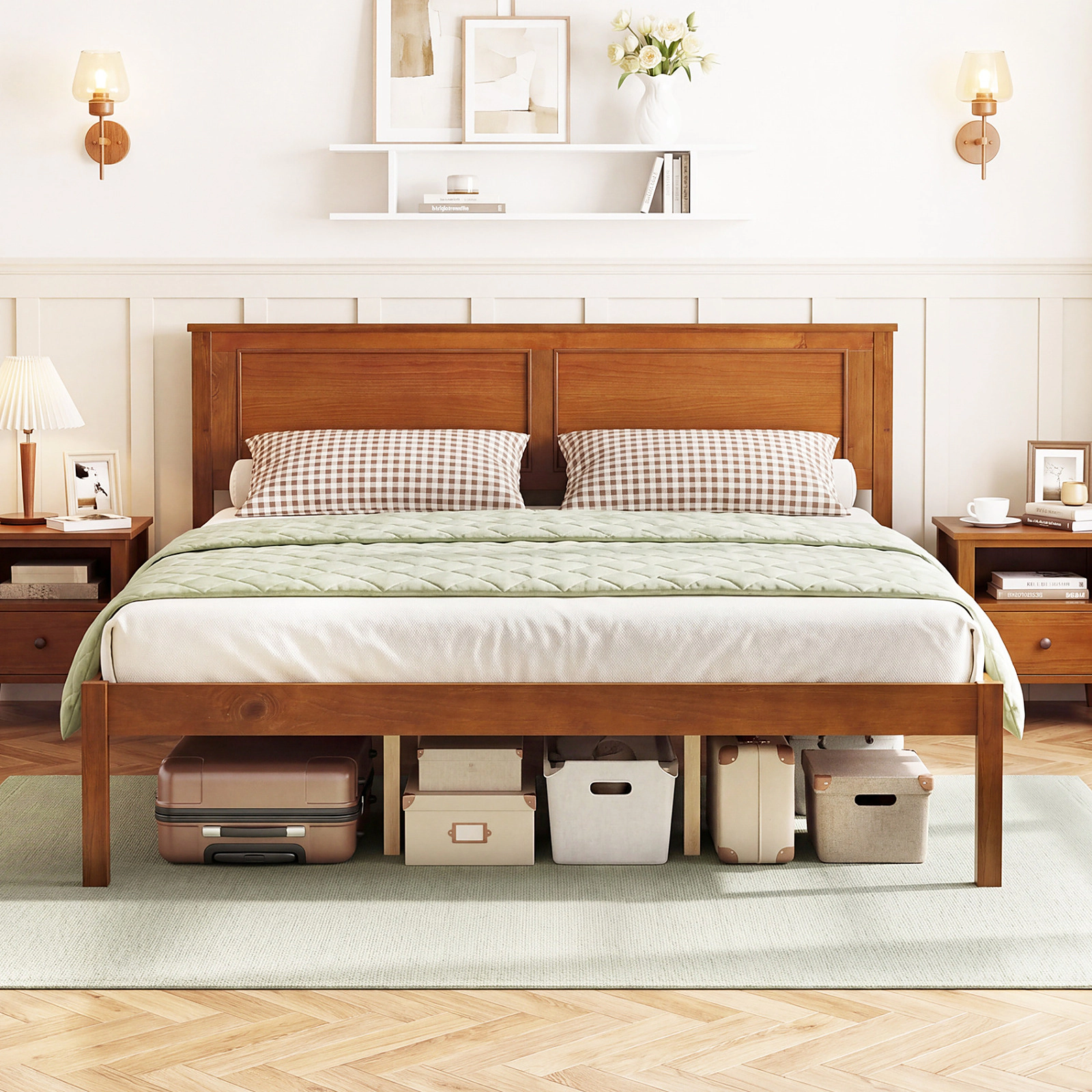 SUGIFT Queen Size Walnut Farmhouse Wood Platform Bed Frame with Panel Headboard and Solid Wood Legs