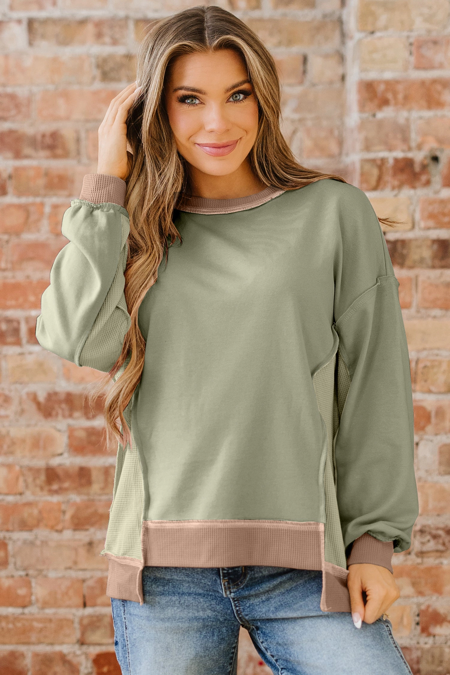 Threaded Pear Women's Maelynn Waffle Patchwork Oversize Sweatshirt