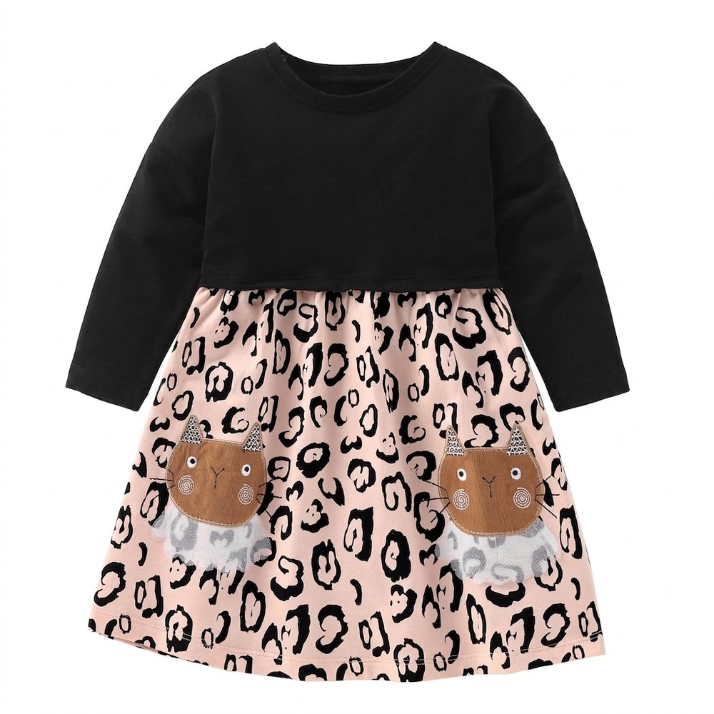 19076 Girls Cotton Knee-Length Dress with Embroidered Kitten Patchwork