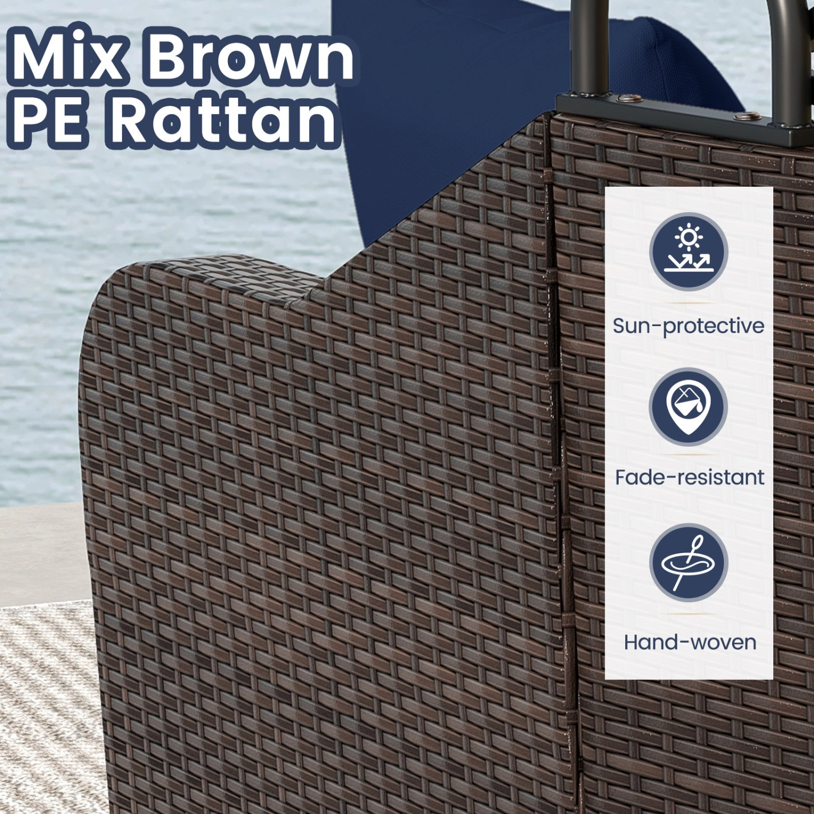SUGIFT 73-Inch Navy Rattan Patio Daybed with Retractable Canopy, 795-Lb Capacity