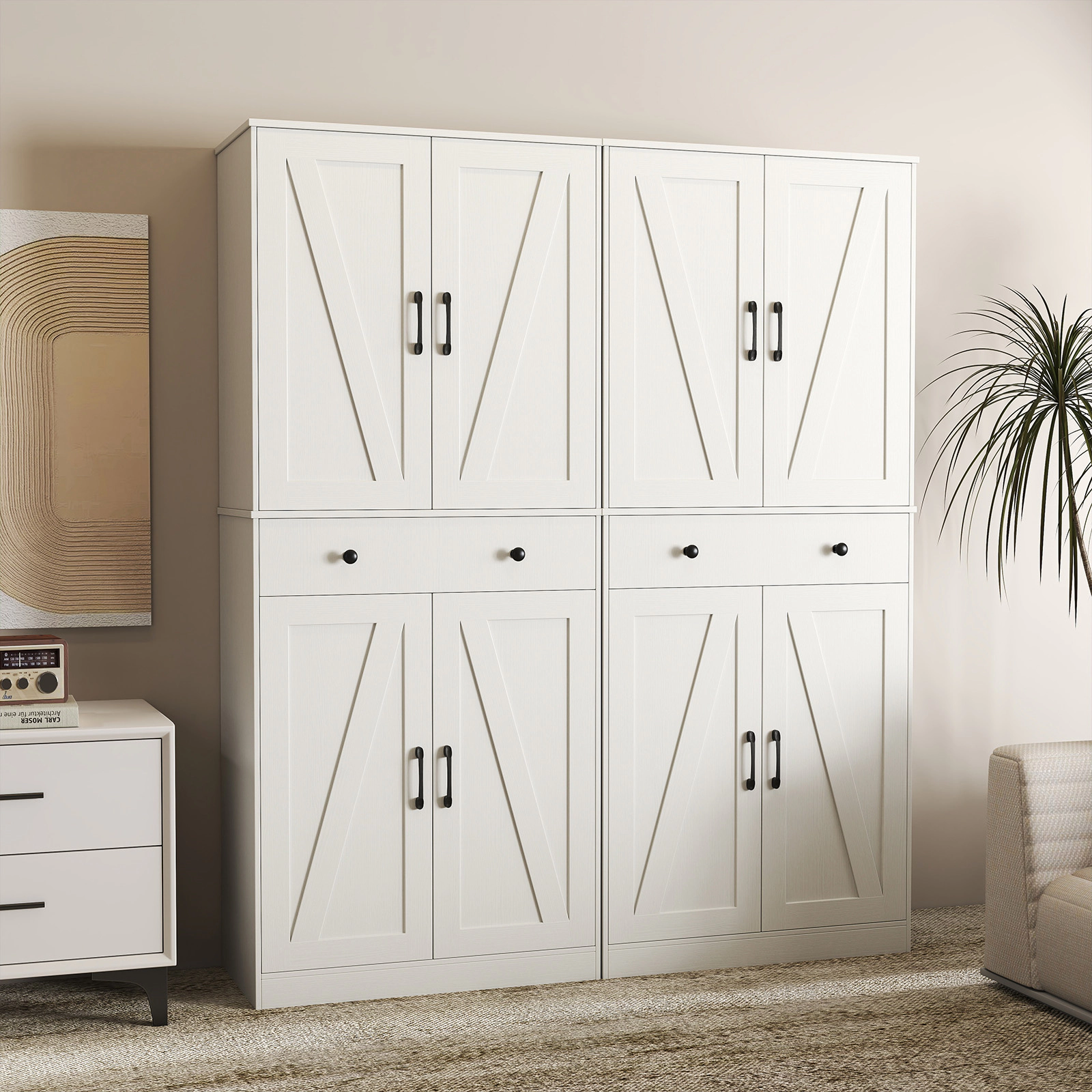 SUGIFT 72-in Tall White Kitchen Pantry Cabinet with 4 Barn Doors Drawer and 3 Adjustable Shelves