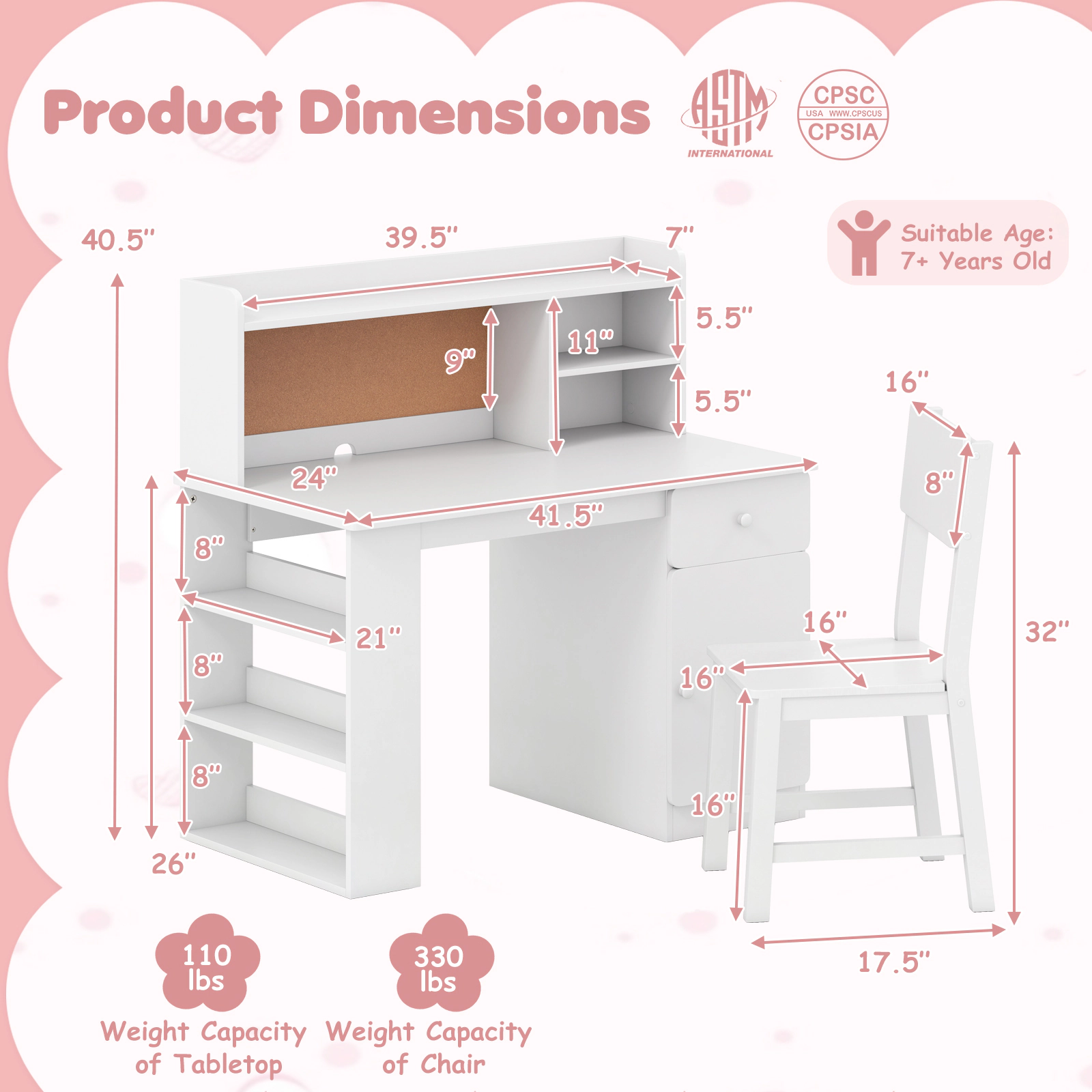 Kids Desk and Chair Set with Hutch 3-Layer Side Shelf Drawer and Enclosed Cabinet Cork Board Student Study Desk White
