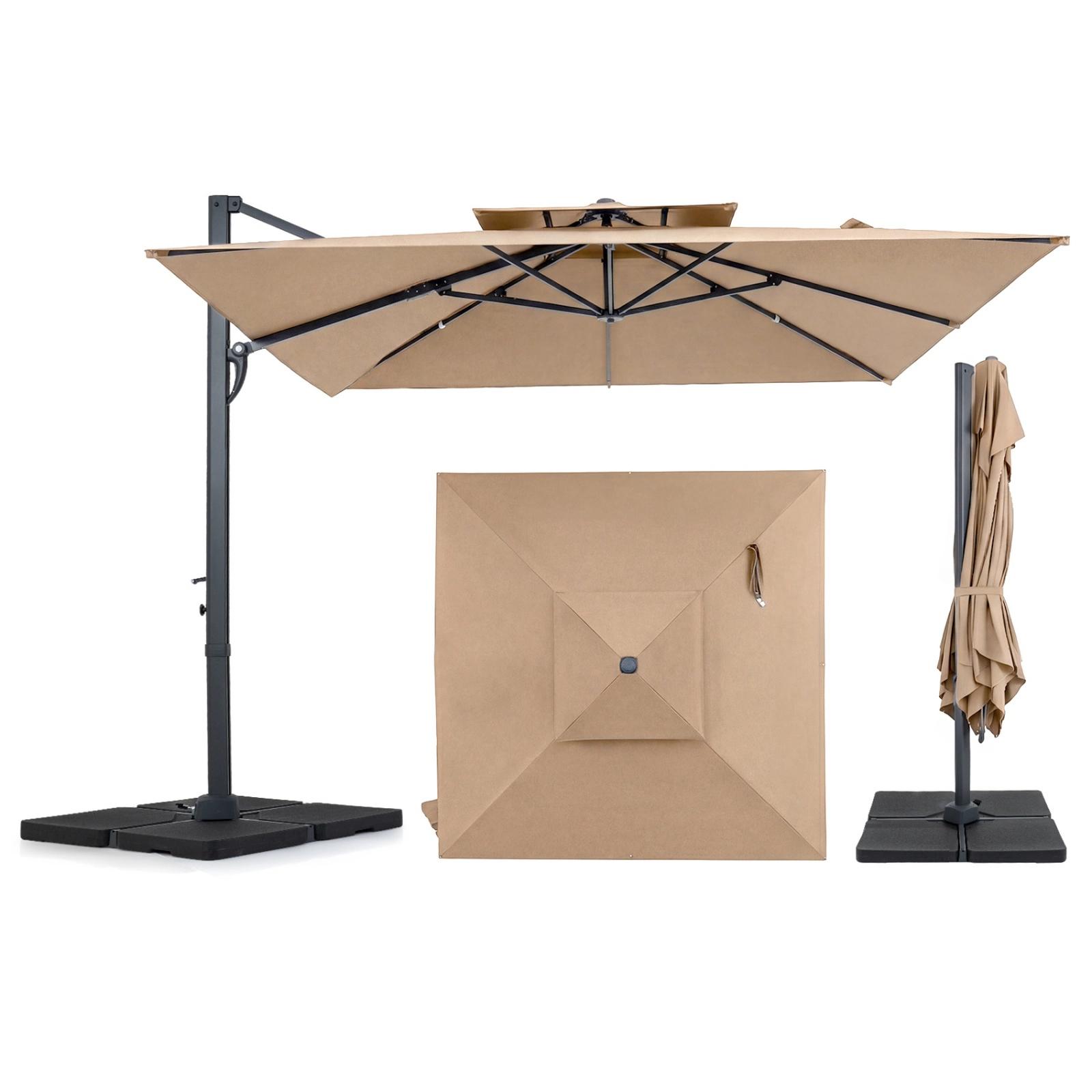 SUGIFT Brown Aluminum Pole and 220 LB Fillable Base 10 FT Square Cantilever Patio Umbrella