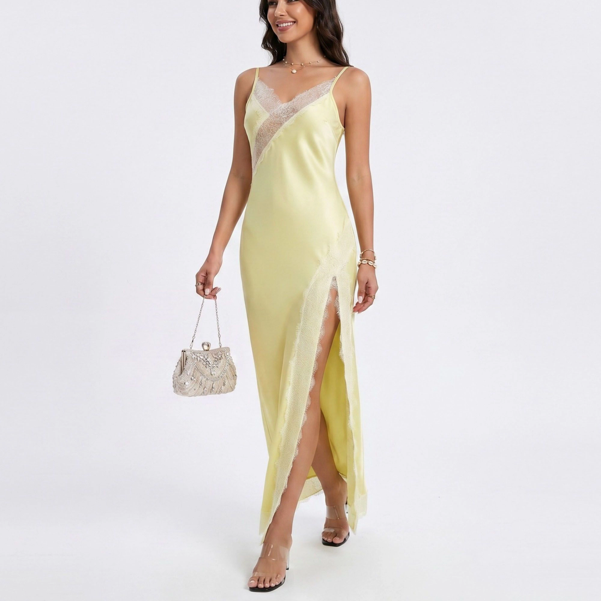 Anna-Kaci Women's Satin Lace Trim Tie Back Maxi Slip Dress