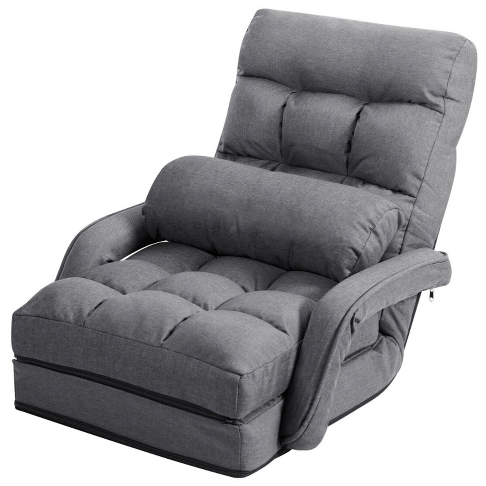 SUGIFT 6-Position Adjustable Gray Folding Floor Chair Sofa with Armrests Lumbar Pillow and Removable Cushion