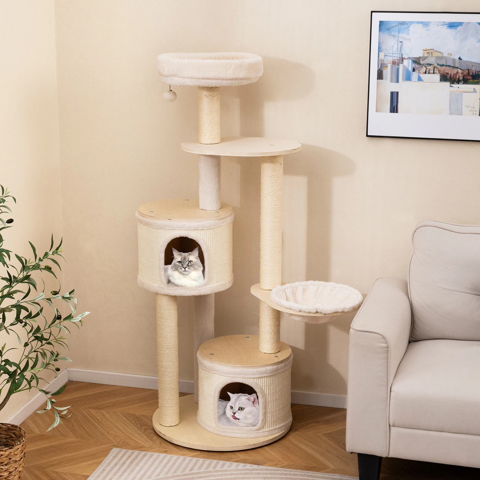 SUGIFT Natural 60 in Wooden Kitten Tower with 2 Condos Basket and Sisal Posts
