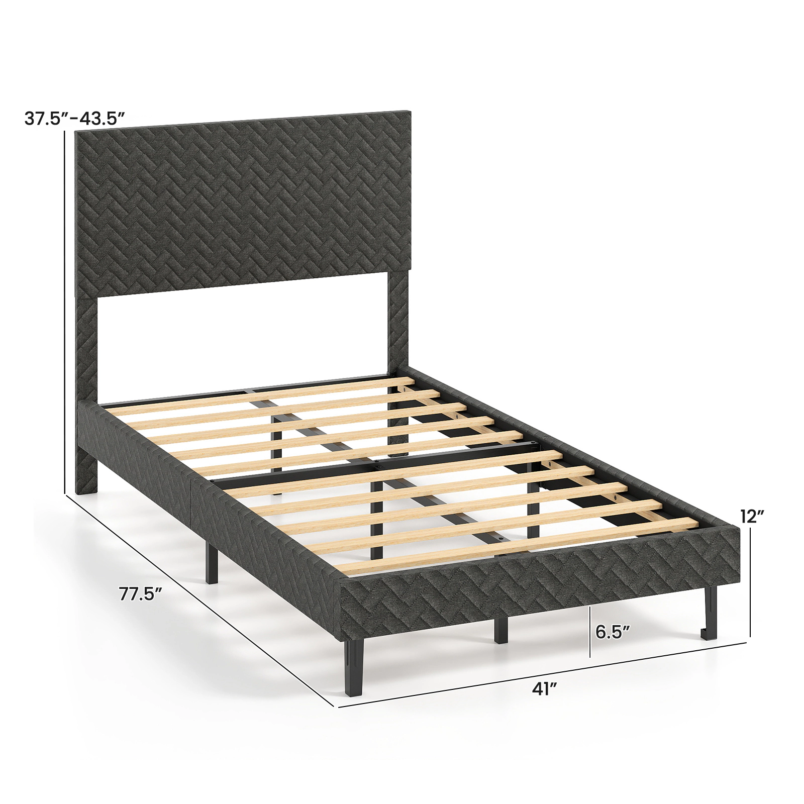 SUGIFT Velvet Upholstered Platform Twin Bed Frame with Adjustable Chevron Headboard 500-Lb Capacity 77.5-in Frame Gray