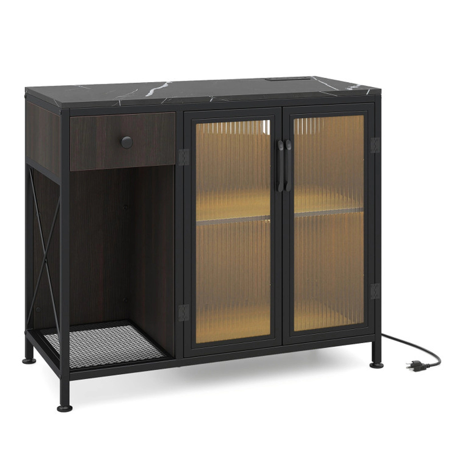 SUGIFT 34-in 110-lb Countertop Black Industrial Buffet Sideboard with Power Outlets RGB LED Light and Drawer
