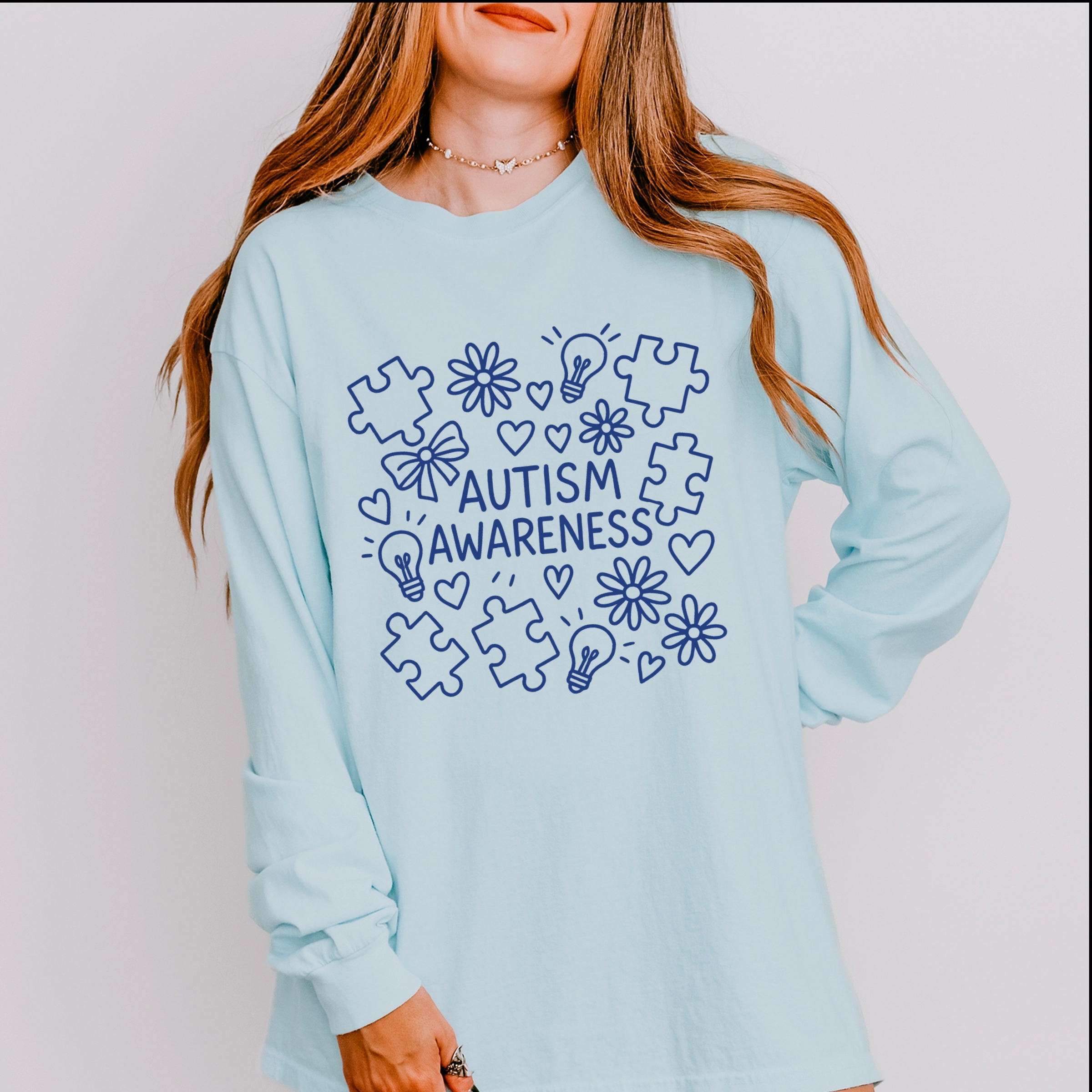 Simply Sage Market - Autism Awareness Puzzle Outline Women's Garment Dyed Long Sleeve Graphic T-Shirt
