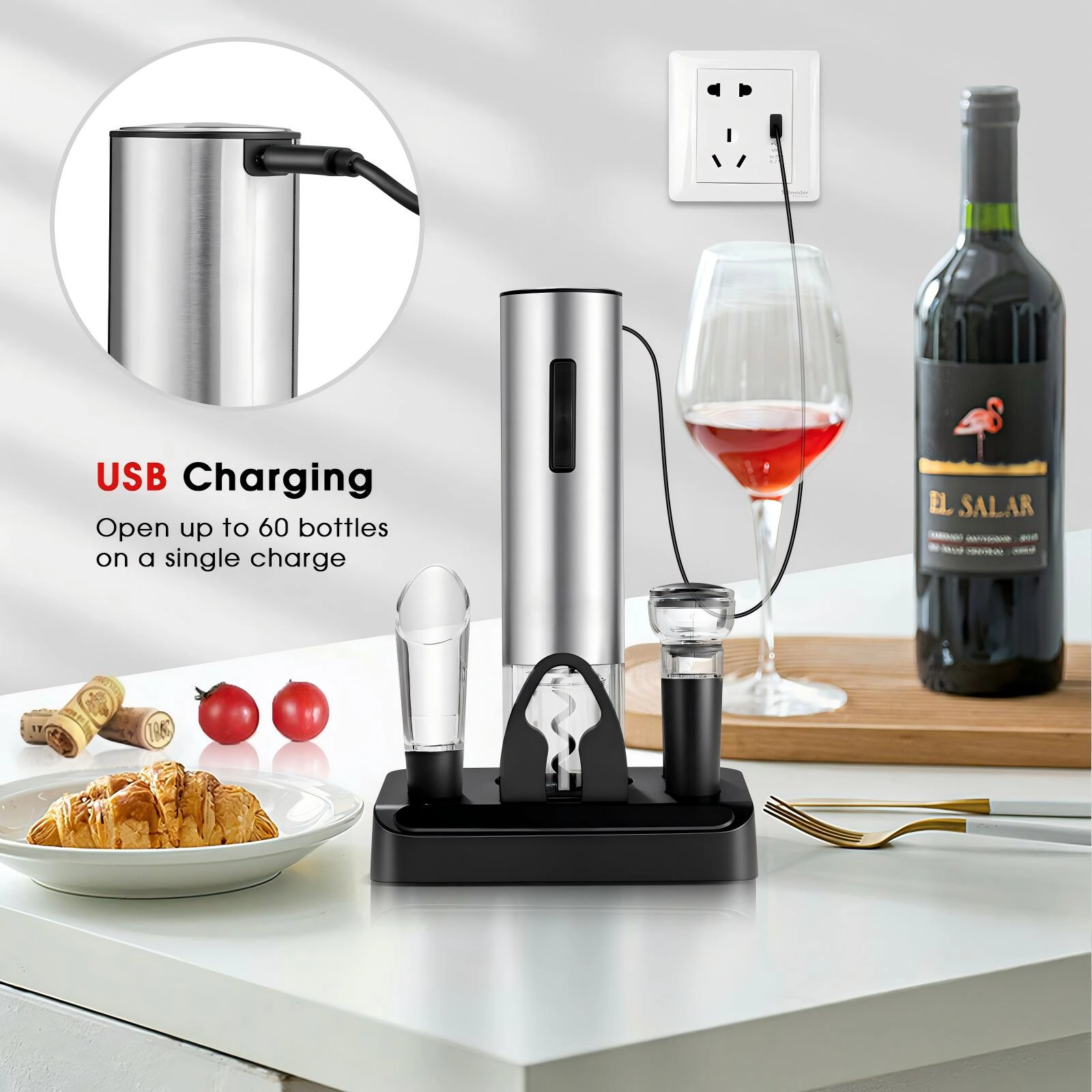 SUGIFT 6-in-1 Rechargeable Electric Wine Bottle Opener Set with Foil Cutter Pourer and 2 Stoppers