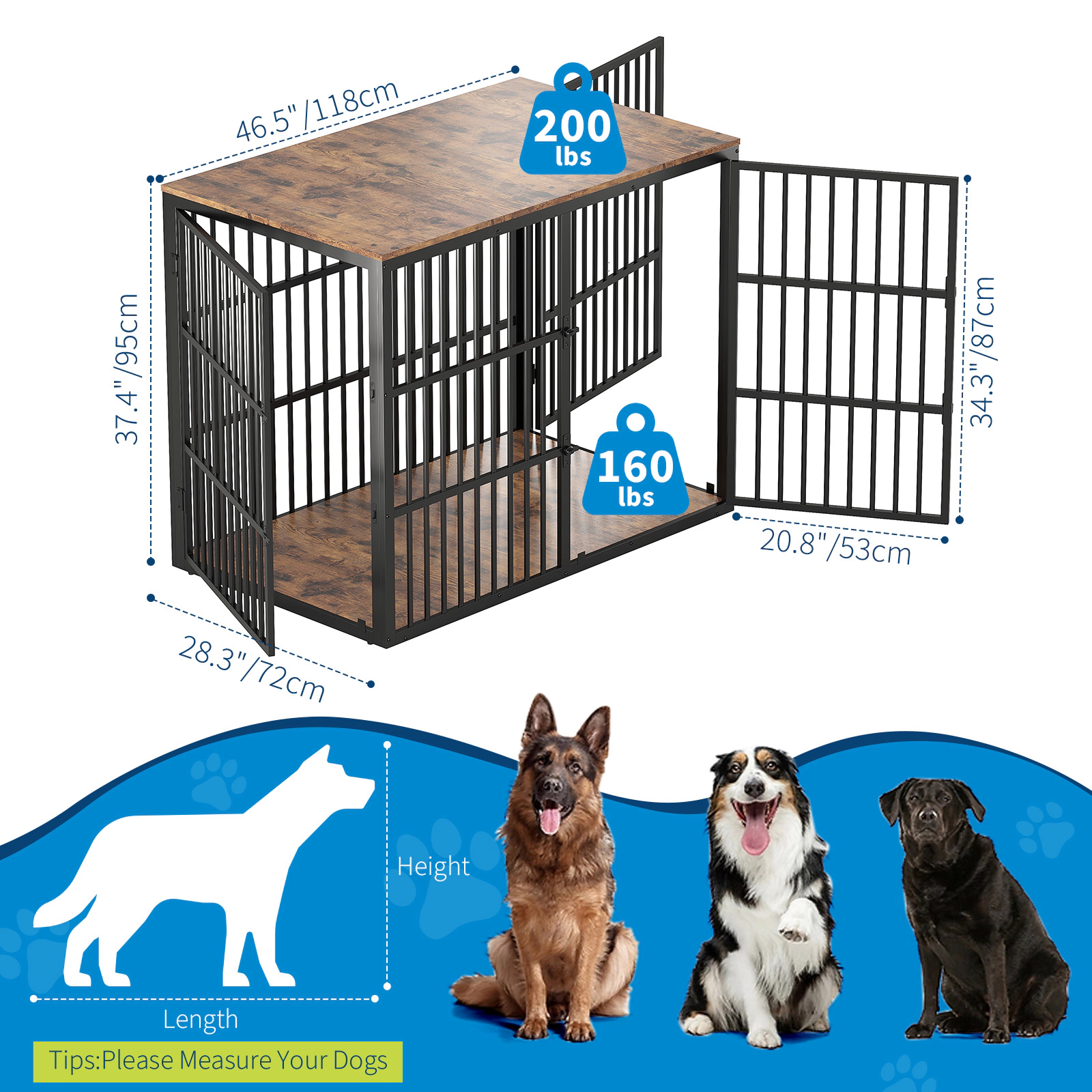48" 3-in-1 Wooden Dog Crate Furniture with 3 Lockable Doors, Heavy Duty Metal Frame, End Table for Medium Dogs