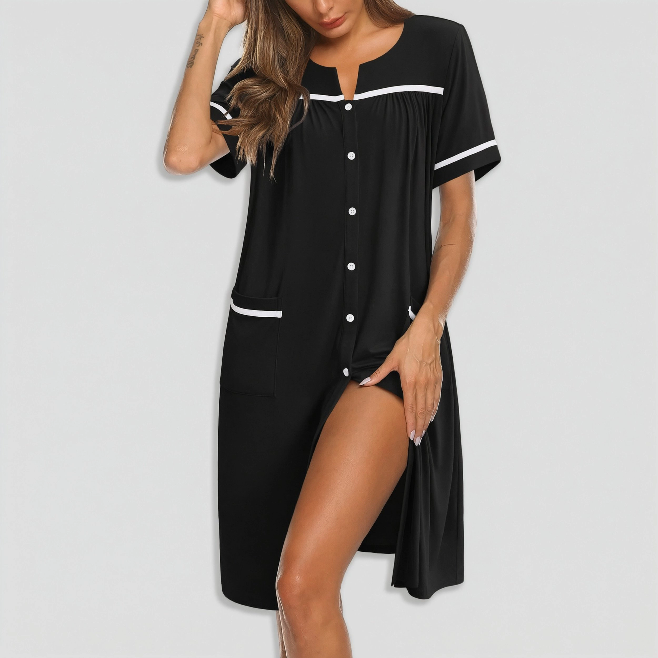 Ekouaer Nightgowns for Women House Dress with Pockets Button Down Sleepshirt Short Sleeve