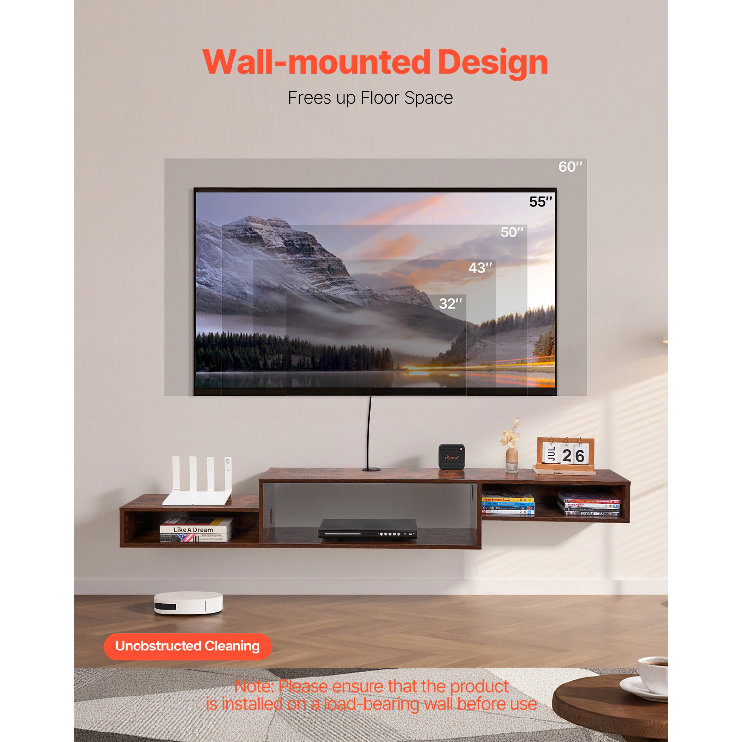 HONGGE Floating TV Stand Wall Mount Entertainment Center with Shelf and Storage Cabinet for DVD Player, Cable Box
