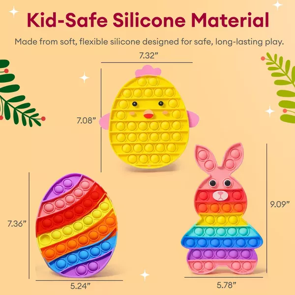 Sperric Easter Pop Toys 3Pk, Rainbow Bunny Chicken & Egg Pop-It Fidget, Stress Relief Sensory Basket Stuffers for Kids