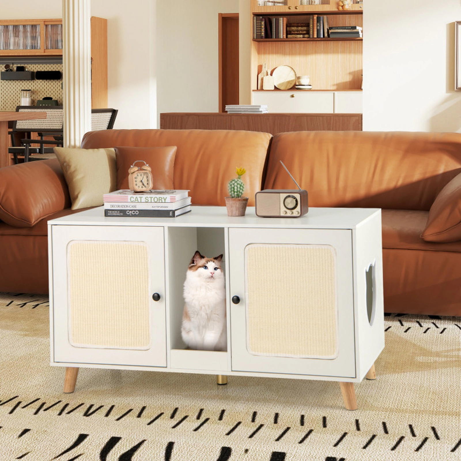 SUGIFT 43-in Double-Room Cat Litter Box Enclosure Side Table with 2 Sisal Scratching Mats Natural White