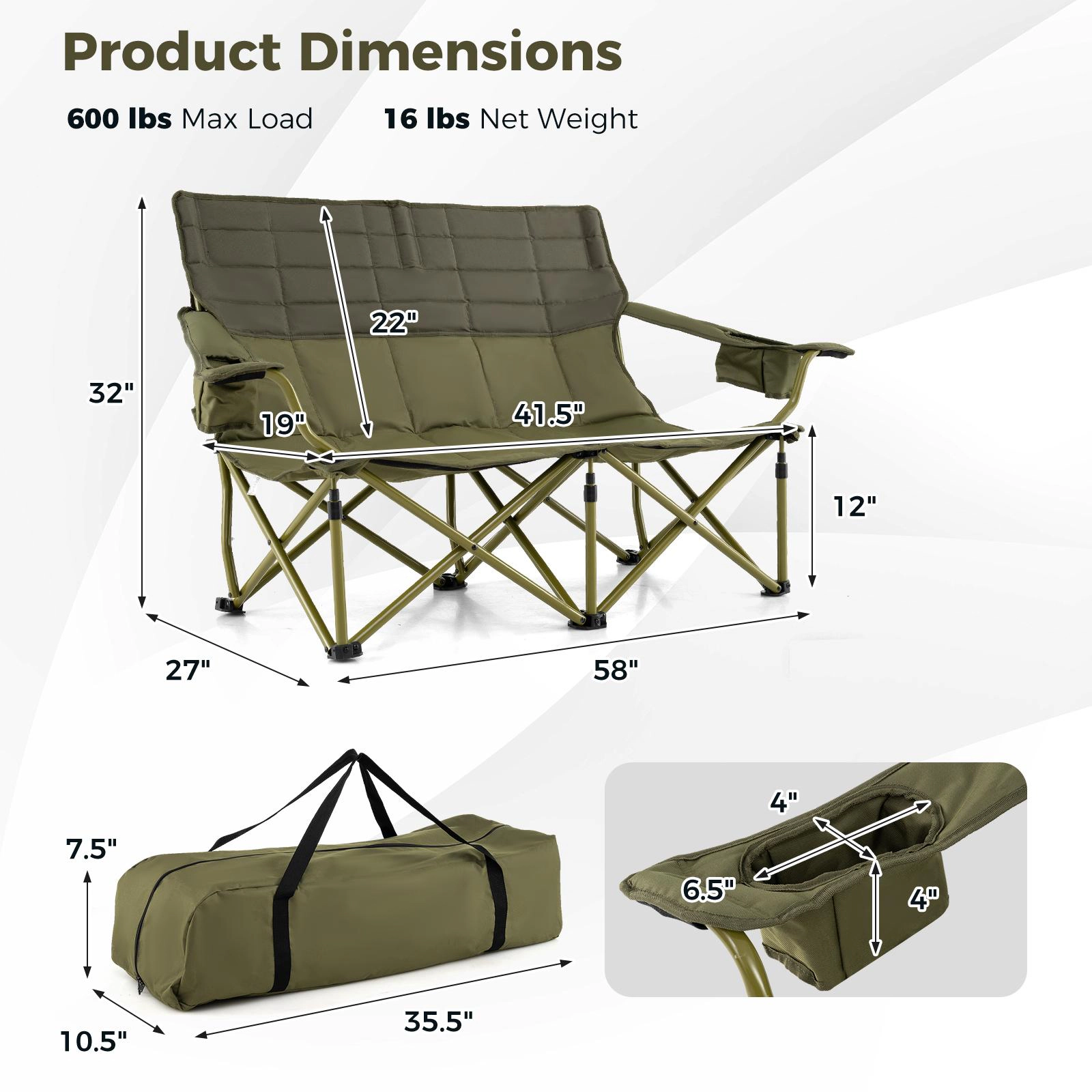 SUGIFT 660-lb Capacity Oversized Folding Double Camping Chair Loveseat Couch with Dual Cup Holders and Padded Seat