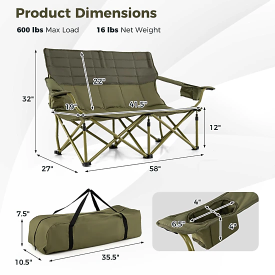 SUGIFT 660-lb Capacity Oversized Folding Double Camping Chair Loveseat Couch with Dual Cup Holders and Padded Seat
