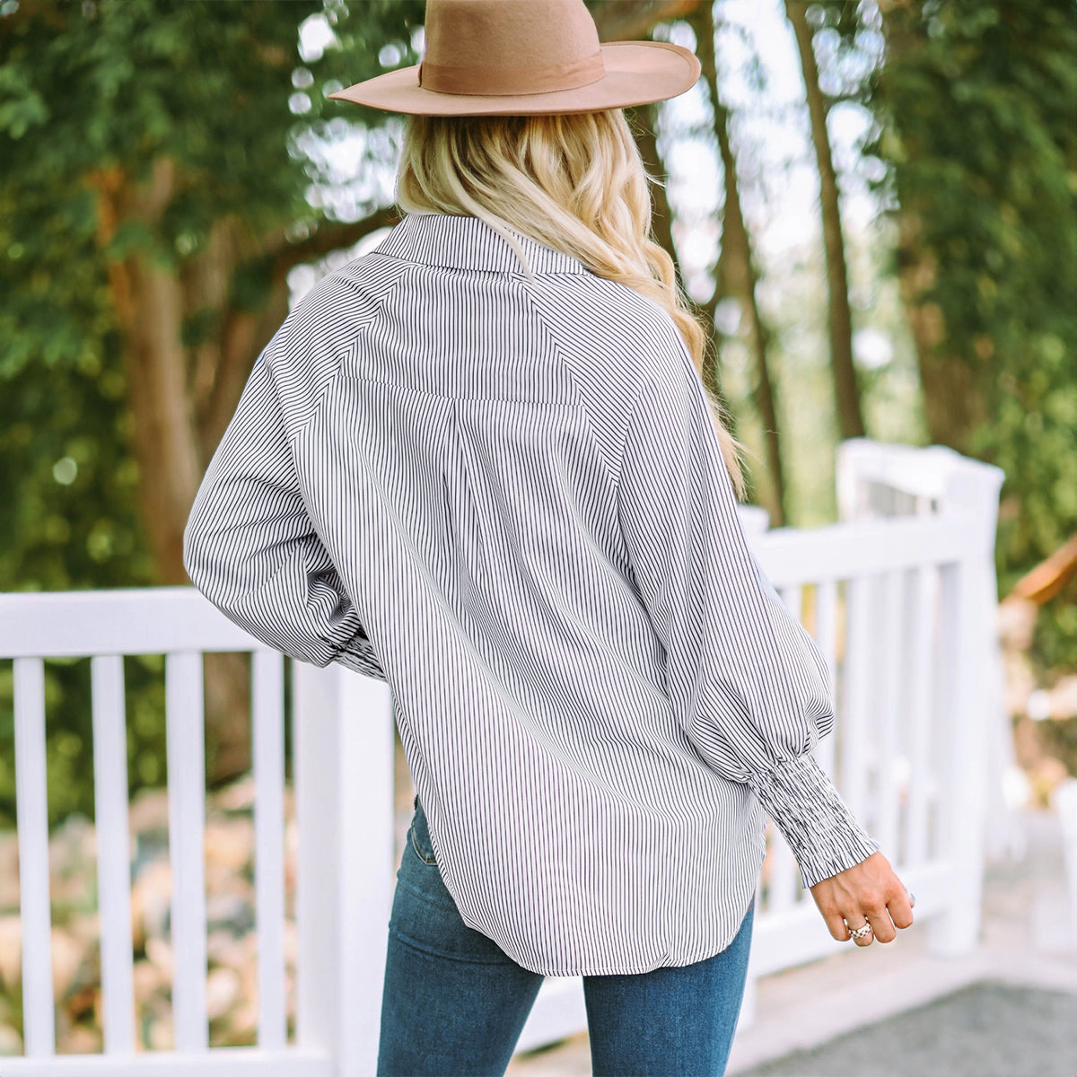 Sol Living Womens Smocked Cuffed Striped Boyfriend Shirt with Pocket