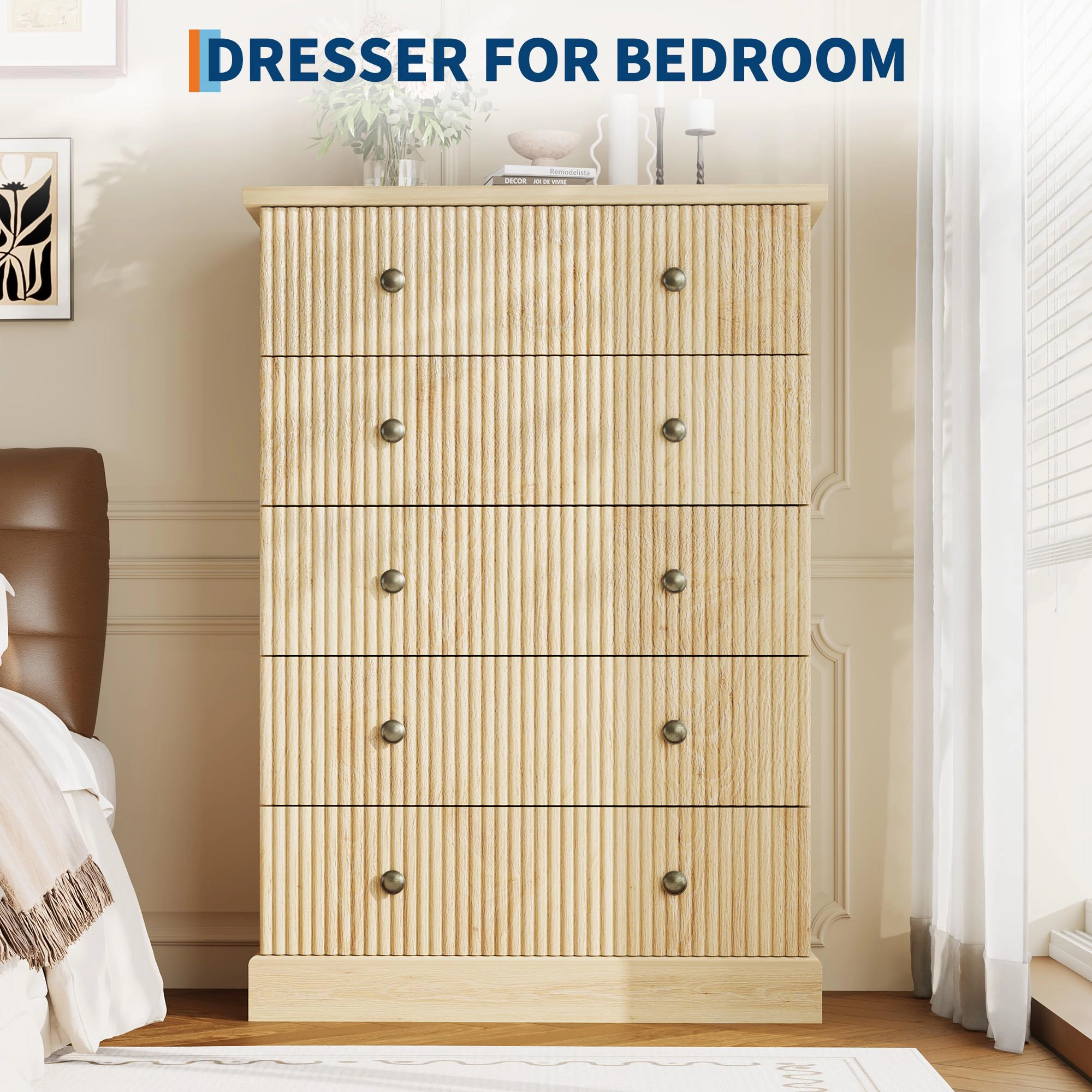5 Drawer Fluted Dresser, Slim Vertical Wood Chest with Metal Handles for Bedroom Apartment Guest Room
