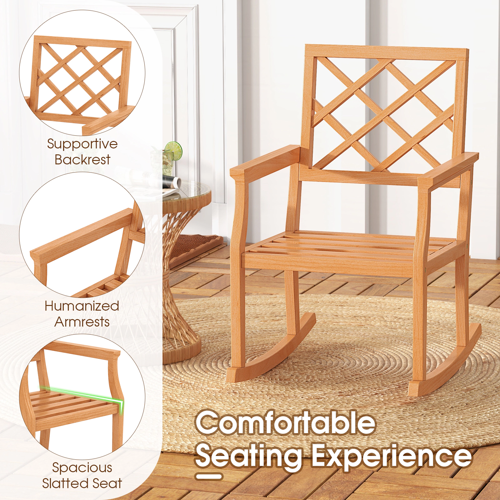 SUGIFT Teak Wood Rocking Chair Brown Oversized Porch Rocker with Slatted Seat
