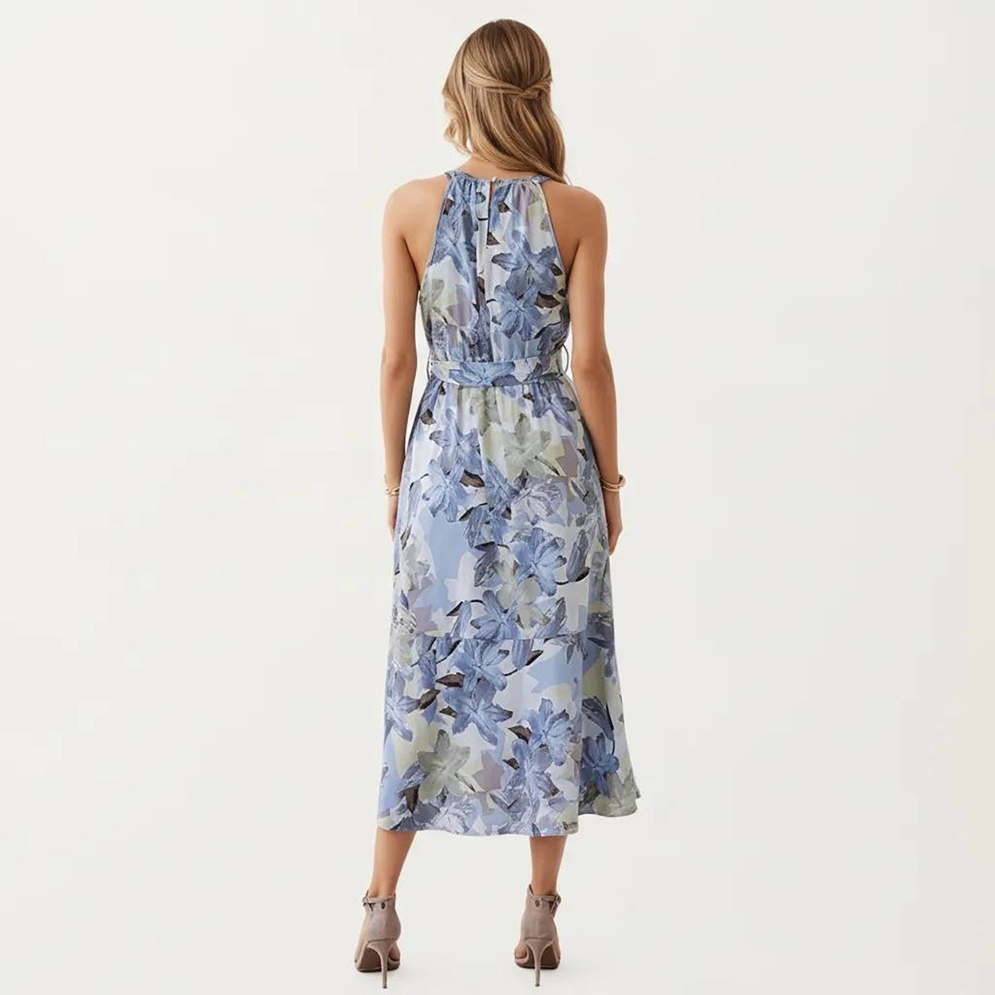 Anna-Kaci Women's Halter Neck Floral Print Asymmetrical Hem Midi Dress