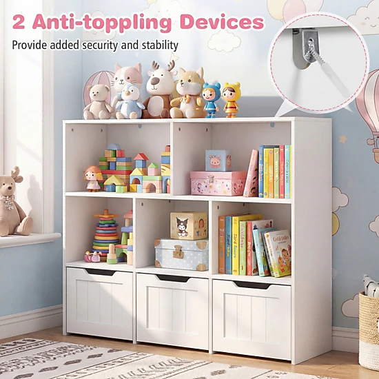 SUGIFT 5-Cubby 66-lb Top 35.5-in Kids Toy Storage Organizer and Bookshelf with 3 Movable Drawers on Wheels