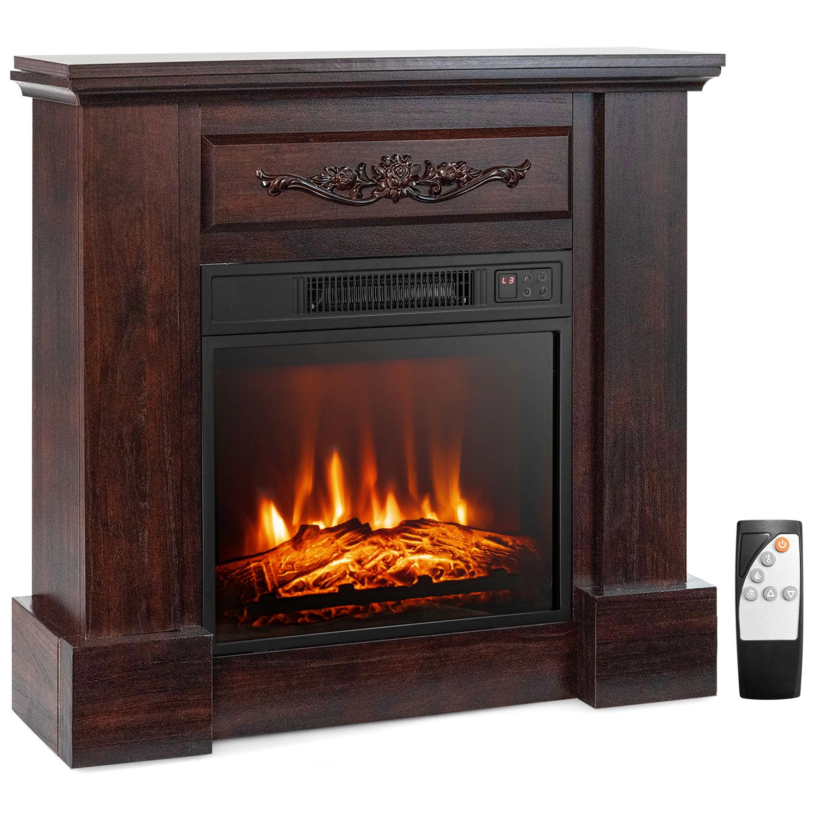 SlickBlue Brown MDF Electric Fireplace Mantel with 1400W Heater, 3D Flame, Remote Control