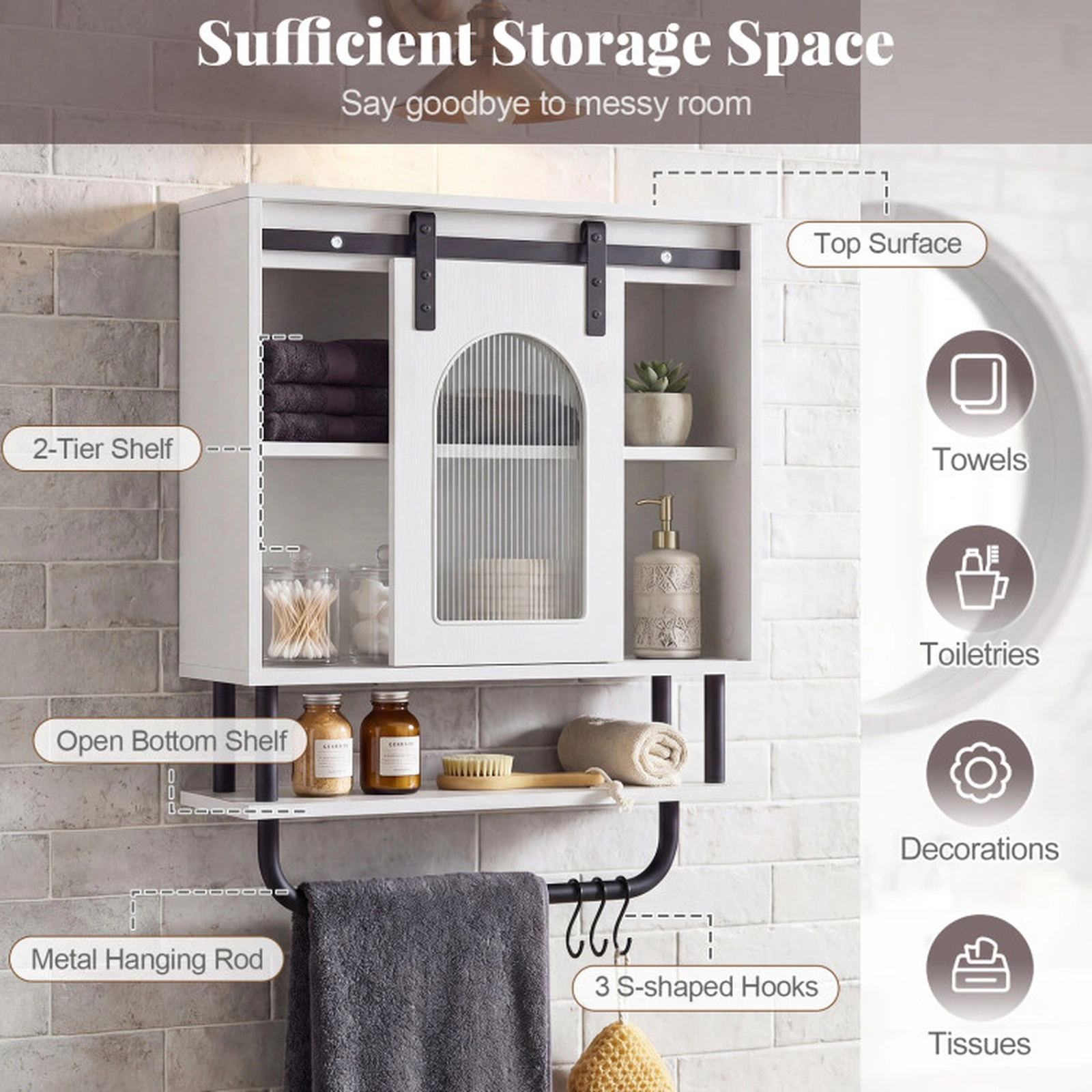 SUGIFT Sliding Barn Door Hanging Bar 3 Hooks Wall Bathroom Storage Cabinet 20-in x 8-in x 27.5-in 66-lb Capacity White