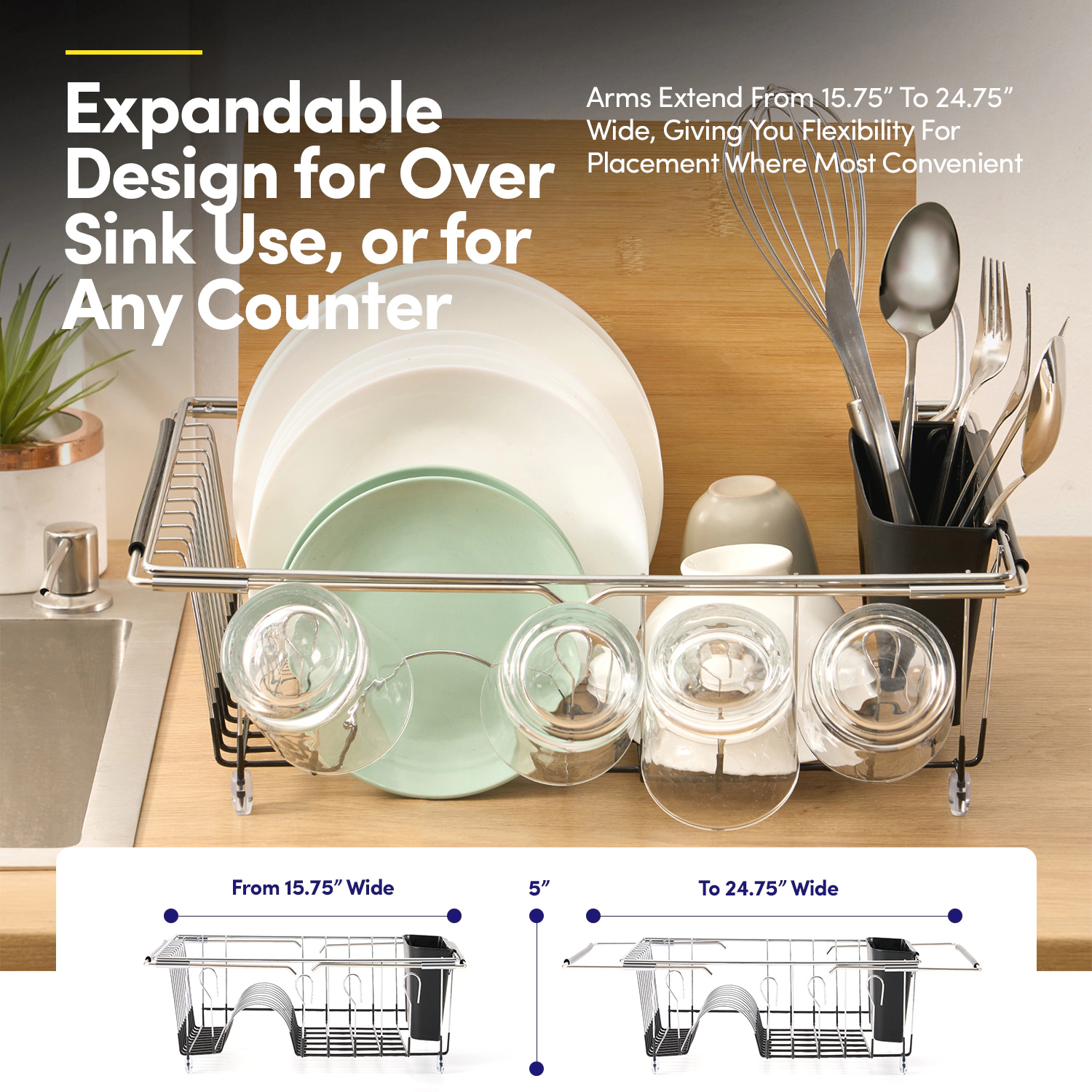 Sweet Home Collection 2-Piece Expandable Dish Dryer Rack with Utensil Holder