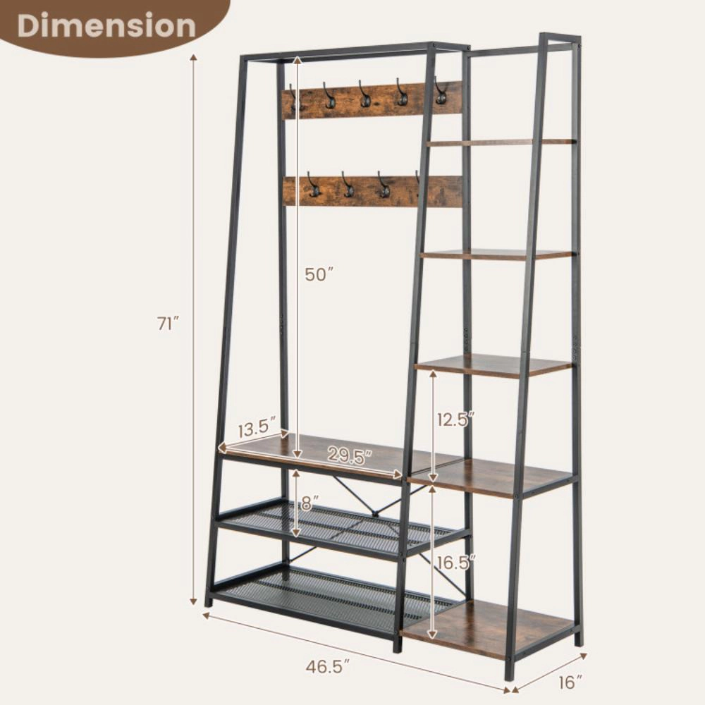 Hivvago 5-in-1 Entryway Hall Tree with Storage Bench with 9 Hooks-Rustic Brown