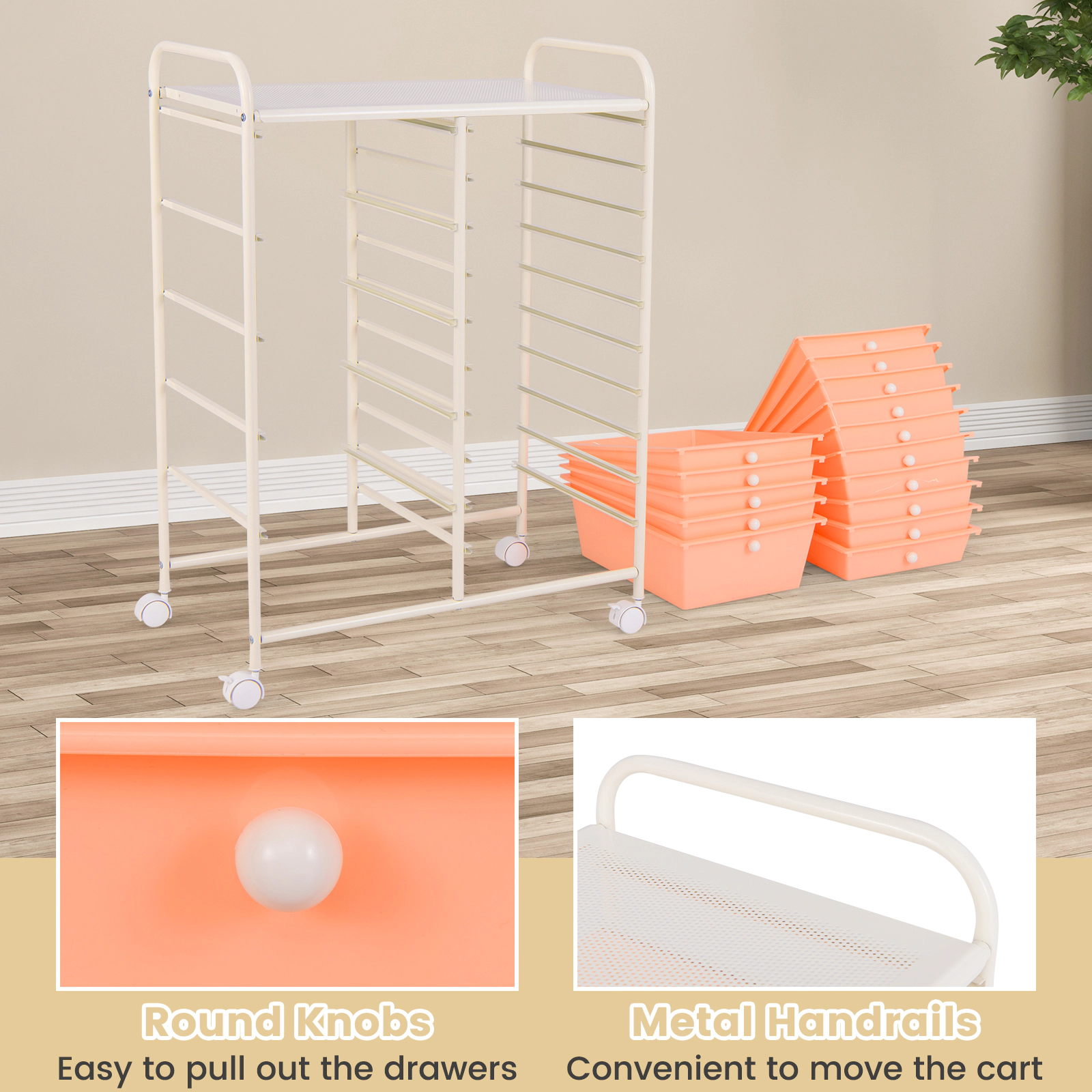 SUGIFT Peach 34-in 15-Drawer Rolling Utility Cart Kitchen Pantry and Laundry Organizer with Locking Casters