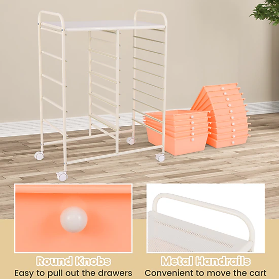 SUGIFT Peach 34-in 15-Drawer Rolling Utility Cart Kitchen Pantry and Laundry Organizer with Locking Casters