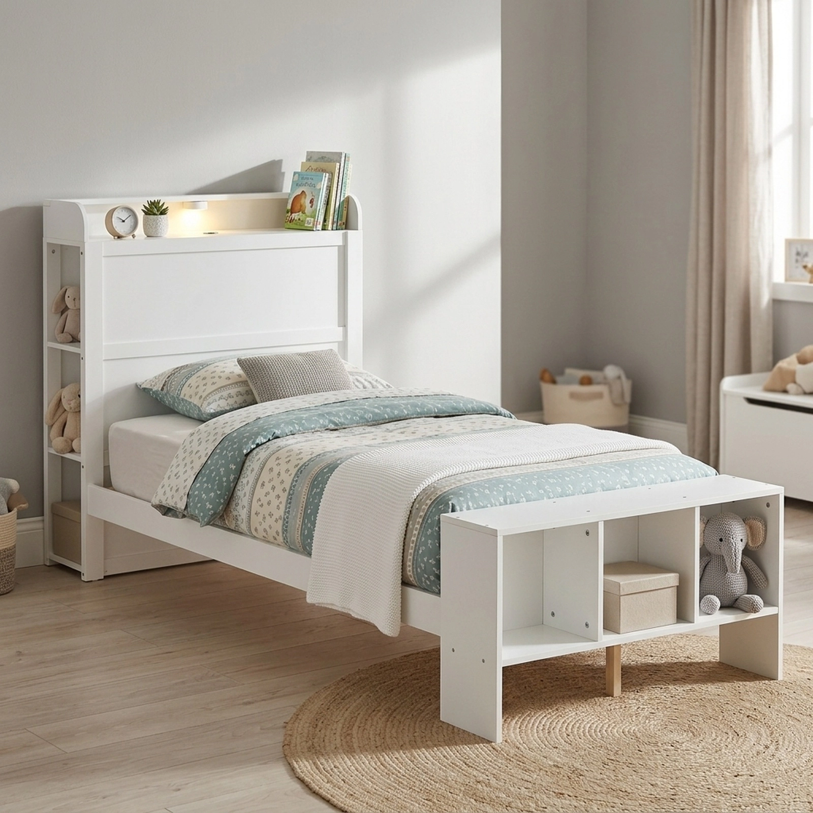 SUGIFT Twin Platform Bed with LED Headboard, 2 USB Ports and Storage, White
