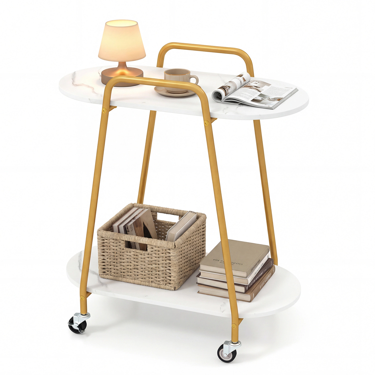 Glintex 2-Tier Rolling End Table with Faux Marble Shelves and Push Handle, White