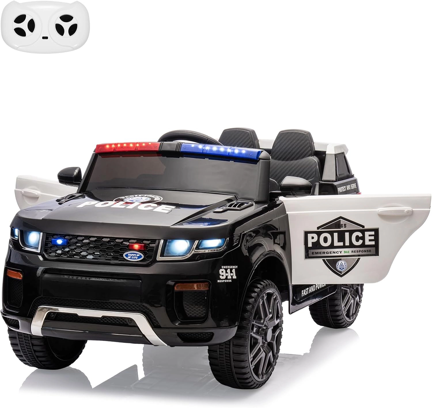 12V Kids 2-Seater Ride On Police Car w/ Remote, Flashing Lights, Megaphone, Music, Suspension & Handle for 3-8