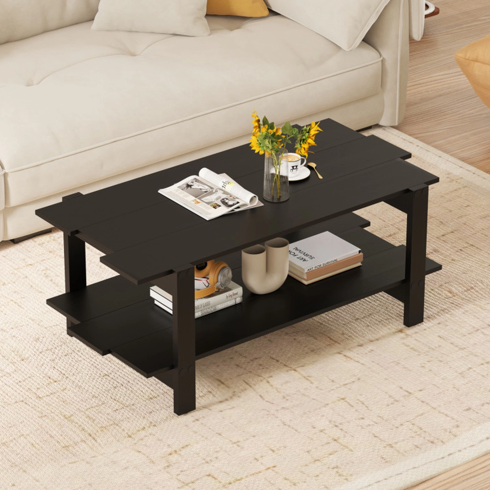 SUGIFT 2-Tier Slatted Wood Hidden Crossbar Open Storage Coffee Table 45-in x 23.5-in x 18.5-in 135-lb per Shelf Black
