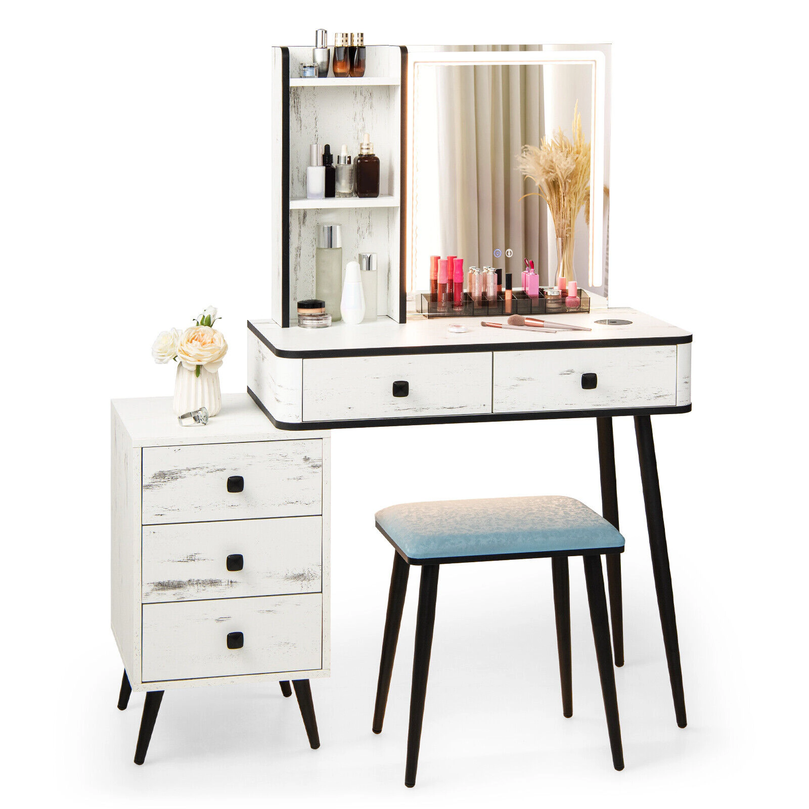 SUGIFT LED Lighted Mirror Vanity Makeup Table Set with Charging Station 110-lb Tabletop 330-lb Stool Capacity 4-Piece