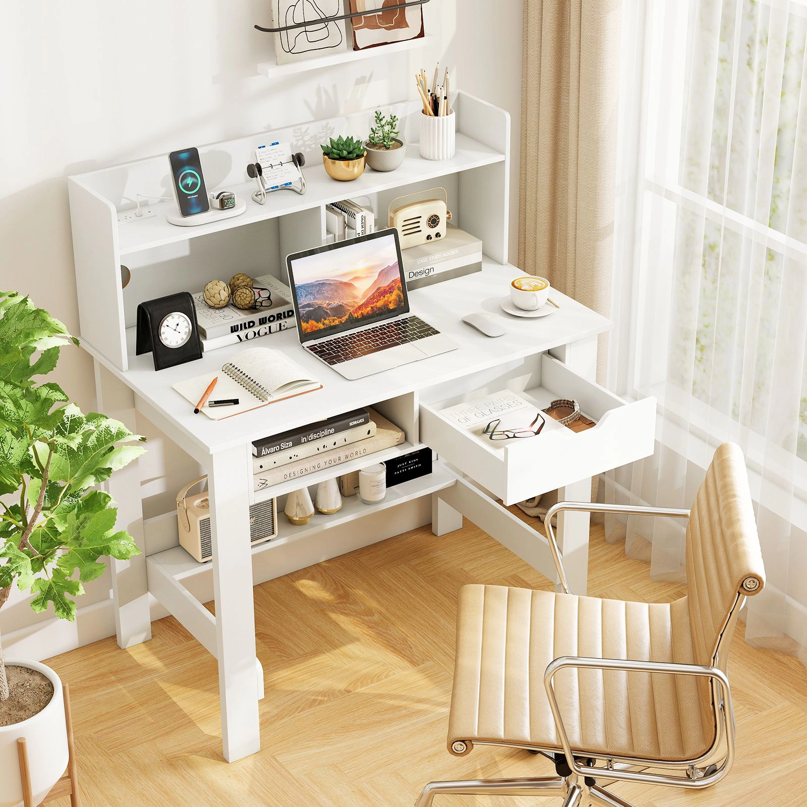 SlickBlue Modern Writing Desk with Storage Shelves and Power Station