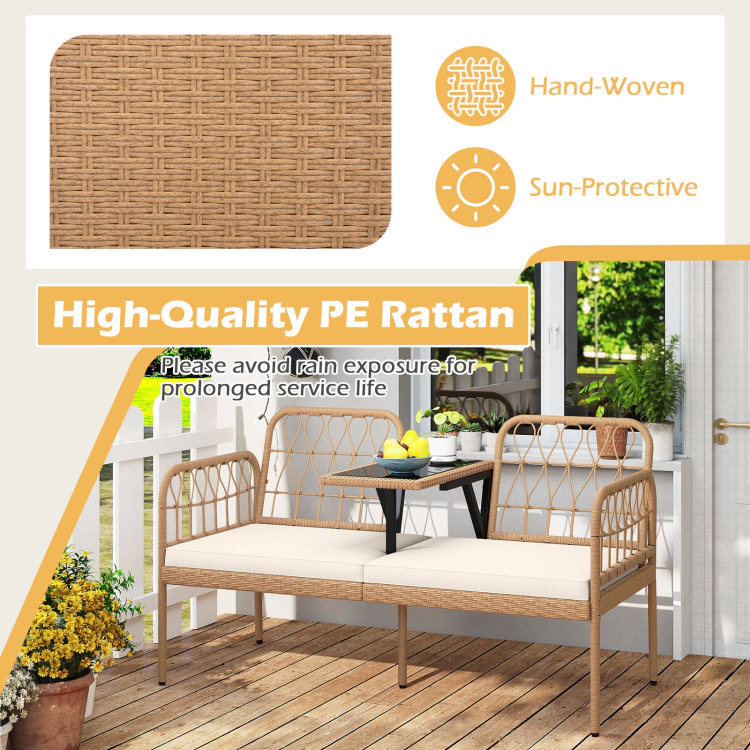 Hivvago 2-Seat Pe Rattan Outdoor Loveseat With Built-In Coffee Table And Soft Cushions